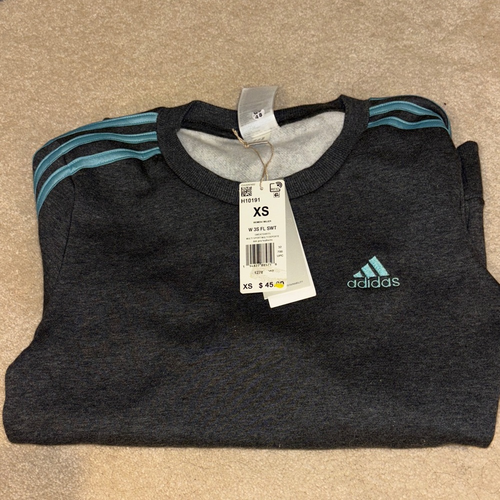 Adidas charcoal sweater with light blue stripes NWT